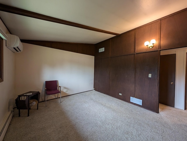 interior space featuring a wall mounted AC, baseboard heating, light colored carpet, and lofted ceiling