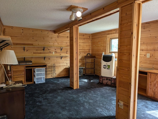 interior space featuring dark carpet, a textured ceiling, heating unit, and wood walls