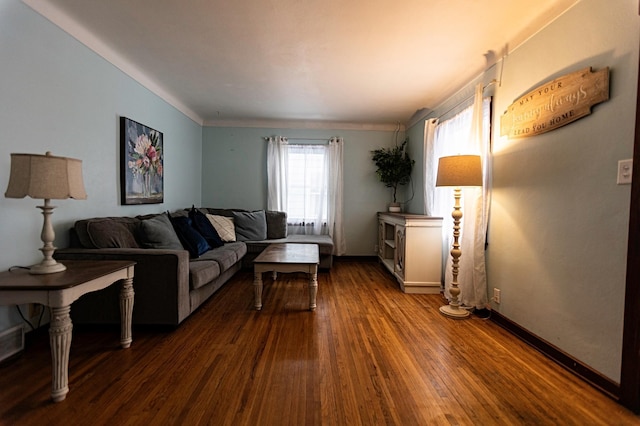 living room with baseboards and dark wood-type flooring