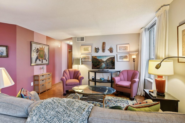 living room featuring a textured ceiling