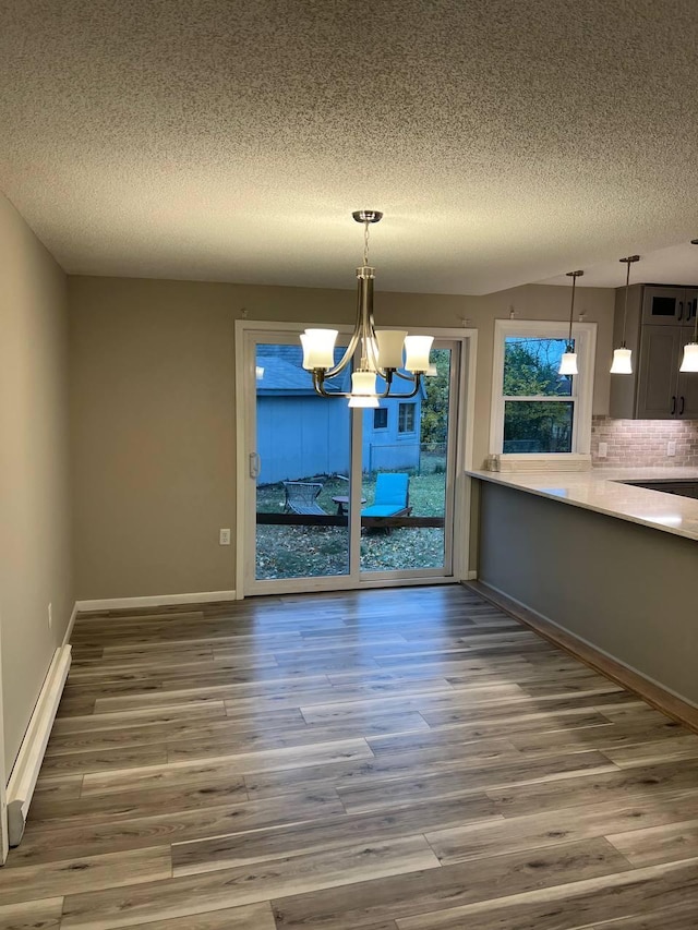 unfurnished dining area featuring a textured ceiling, baseboards, a notable chandelier, and wood finished floors