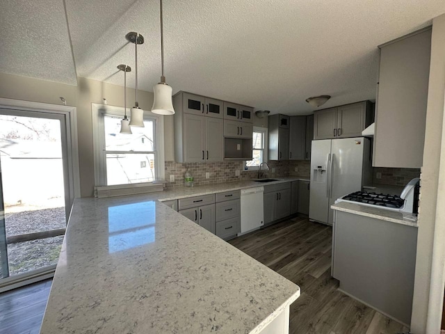 kitchen featuring white appliances, tasteful backsplash, dark wood-style flooring, and a sink