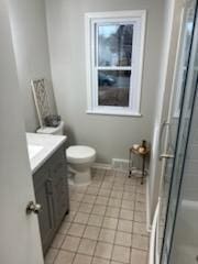 full bath with toilet, a stall shower, tile patterned flooring, and vanity