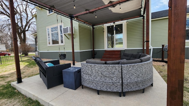 view of patio featuring entry steps, an outdoor living space, and fence