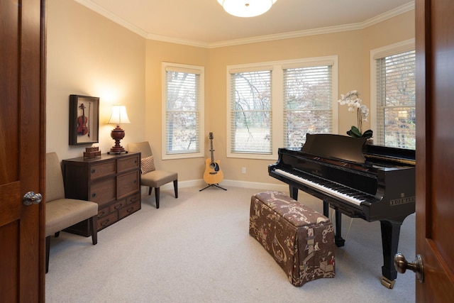 misc room with crown molding and light colored carpet