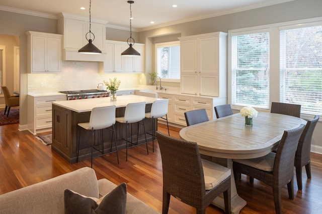 dining room with crown molding, dark hardwood / wood-style flooring, and sink