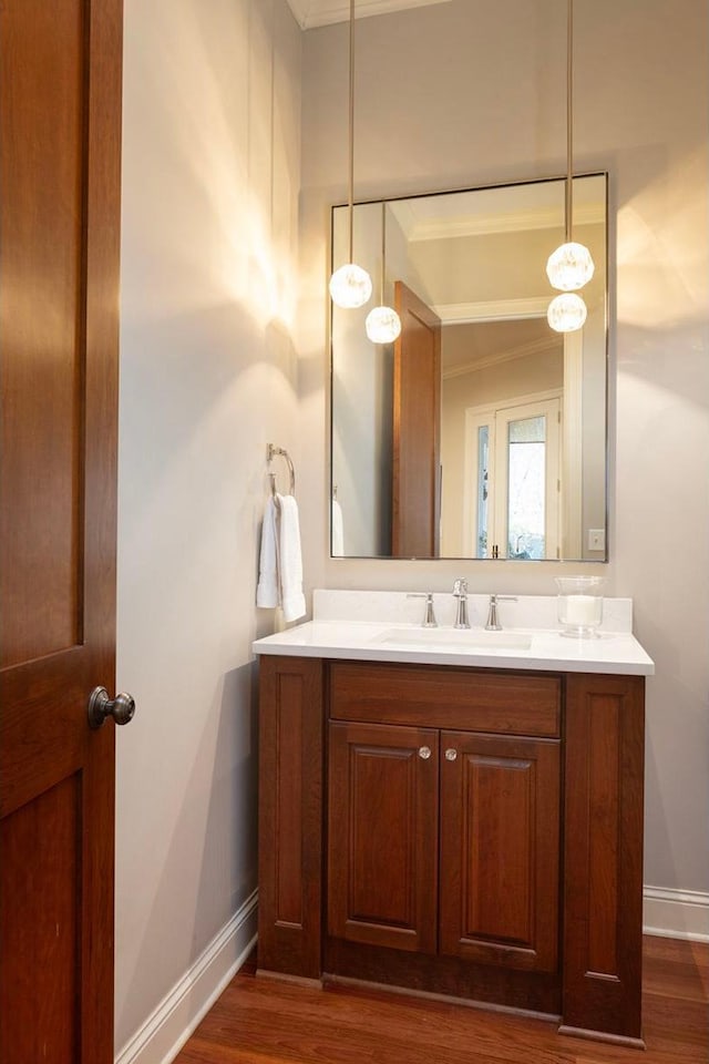 bathroom with vanity and wood-type flooring