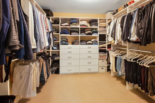 walk in closet featuring light carpet