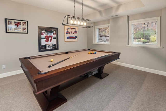 recreation room with billiards and carpet floors