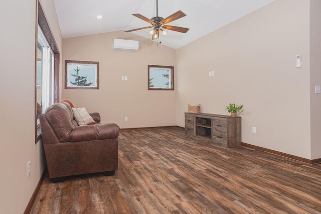 sitting room featuring an AC wall unit, ceiling fan, dark hardwood / wood-style floors, and lofted ceiling