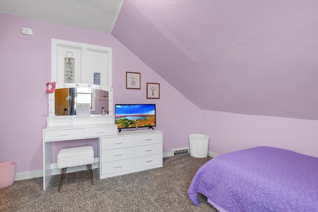 carpeted bedroom featuring lofted ceiling, baseboards, visible vents, and a textured ceiling