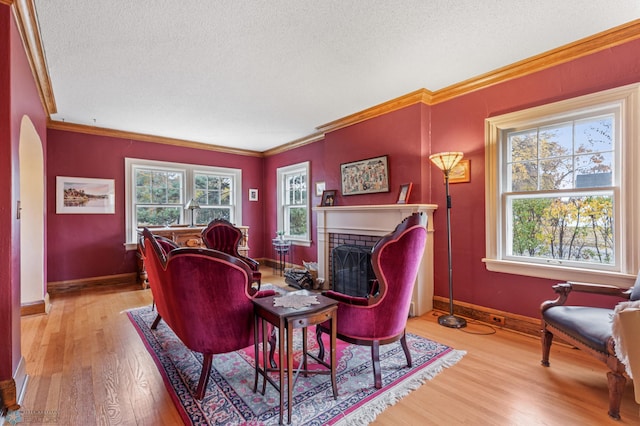 living room with light hardwood / wood-style flooring, a healthy amount of sunlight, a textured ceiling, and ornamental molding