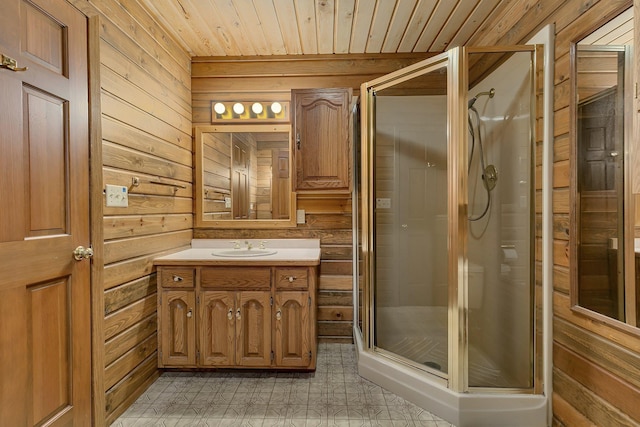 bathroom with wood walls, a stall shower, and wood ceiling