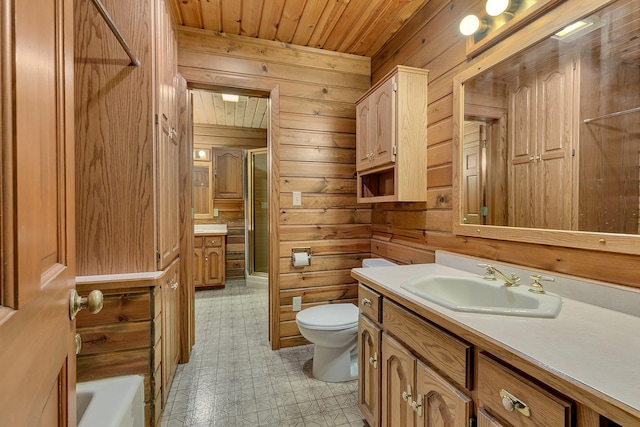 full bath with walk in shower, wood walls, toilet, wooden ceiling, and vanity