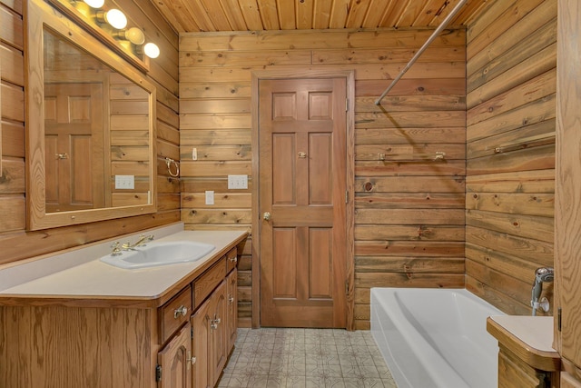 full bathroom featuring vanity, a tub to relax in, wood ceiling, wood walls, and walk in shower