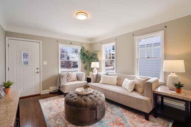 living room with baseboard heating, plenty of natural light, and dark wood-type flooring