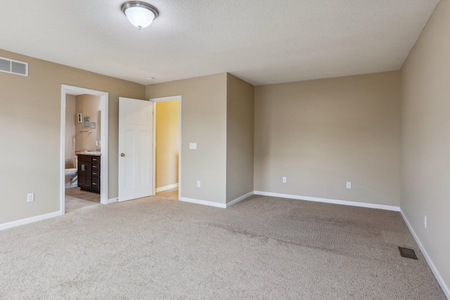 spare room featuring a textured ceiling and light colored carpet