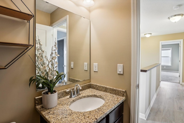 bathroom with hardwood / wood-style floors and vanity