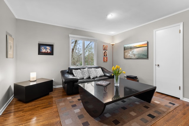 living area with baseboards, ornamental molding, and wood finished floors