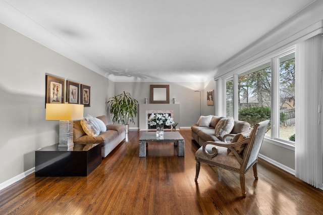 living room featuring baseboards and dark wood finished floors