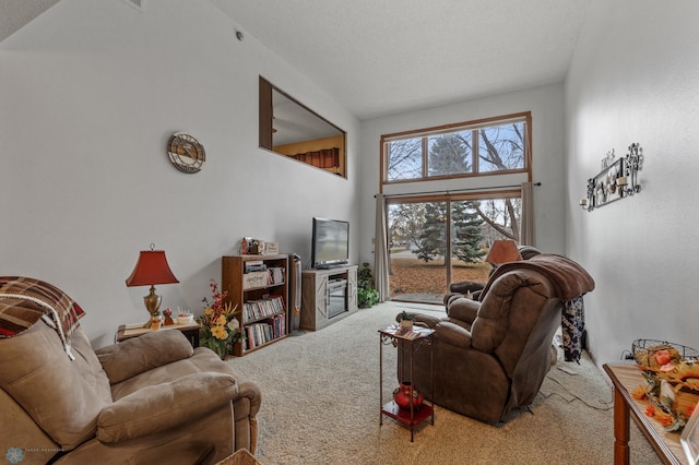 living room with carpet flooring and a towering ceiling