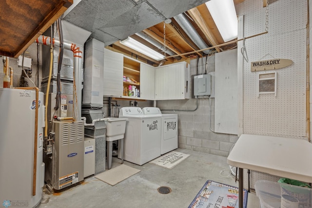 clothes washing area with electric water heater, electric panel, and washing machine and clothes dryer