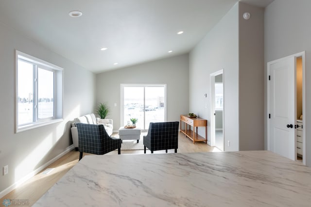 living area with a healthy amount of sunlight, light hardwood / wood-style floors, and high vaulted ceiling