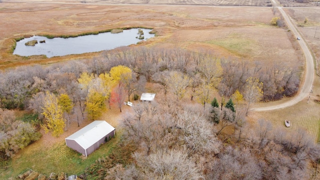 aerial view featuring a water view and a rural view