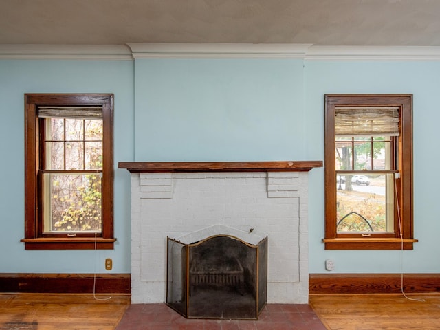 room details featuring crown molding, hardwood / wood-style flooring, and a fireplace