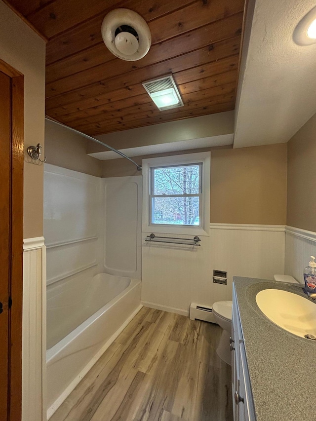 full bathroom featuring hardwood / wood-style floors, toilet, shower / tub combination, baseboard heating, and vanity