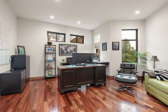 4637 Carlow Rd, Mound, MN 55364 - office area with dark wood-style flooring, recessed lighting, and baseboards