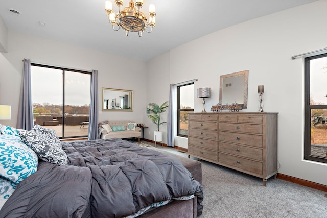 4637 Carlow Rd, Mound, MN 55364 - bedroom featuring access to exterior, a chandelier, baseboards, and light colored carpet