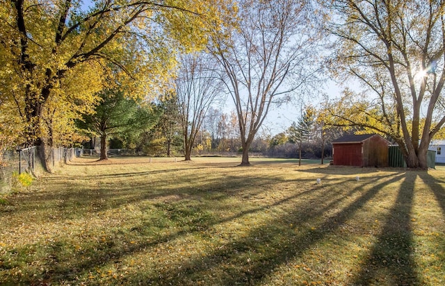 view of yard featuring a storage shed