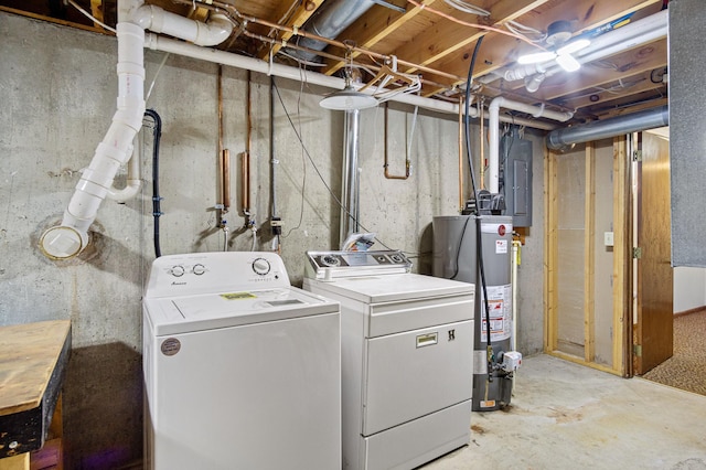 clothes washing area with water heater, electric panel, and washer and clothes dryer