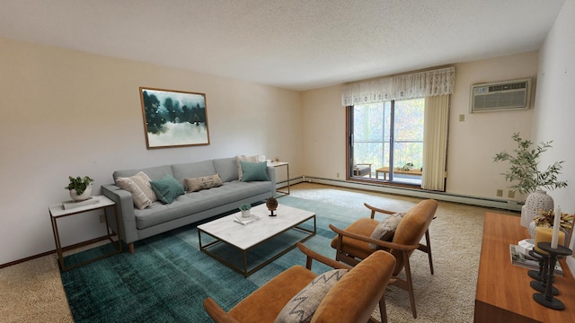 living area with a baseboard heating unit, carpet, a textured ceiling, and a wall mounted air conditioner