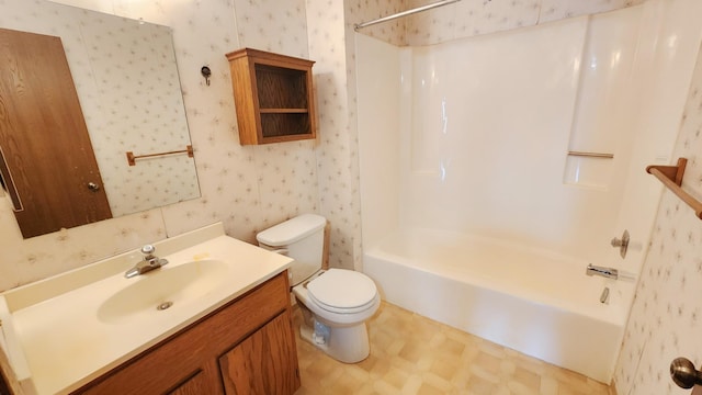 full bathroom with wallpapered walls, tile patterned floors, vanity, and toilet