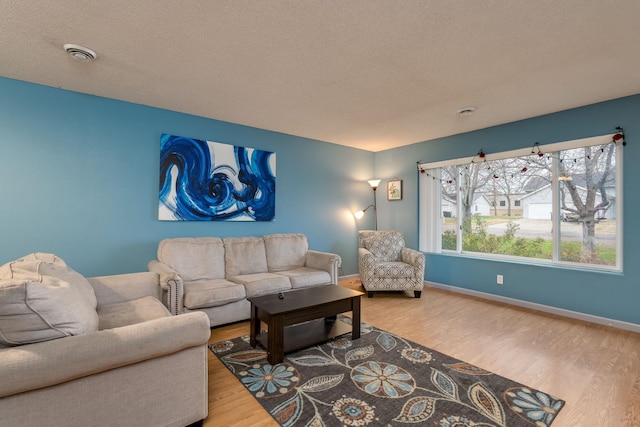 living room with hardwood / wood-style floors and a textured ceiling