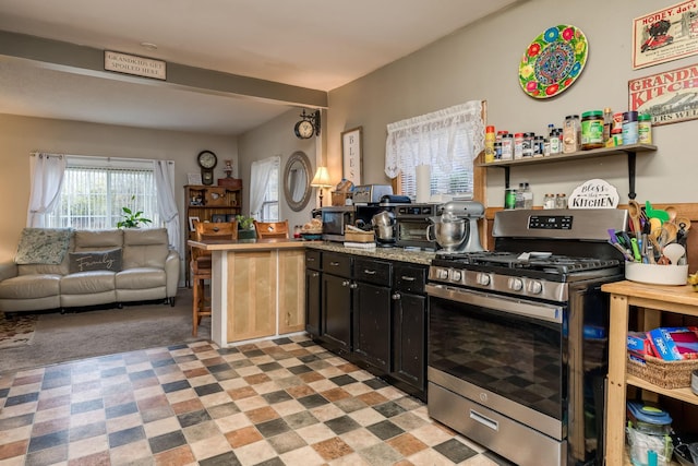 kitchen featuring kitchen peninsula, stainless steel range with gas stovetop, and carpet floors