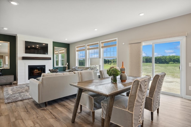 dining space featuring a fireplace, light wood-type flooring, and a healthy amount of sunlight