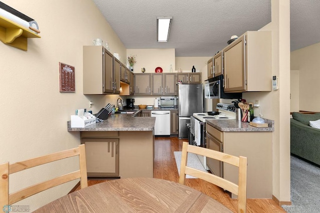 kitchen with sink, dark hardwood / wood-style flooring, kitchen peninsula, a textured ceiling, and appliances with stainless steel finishes