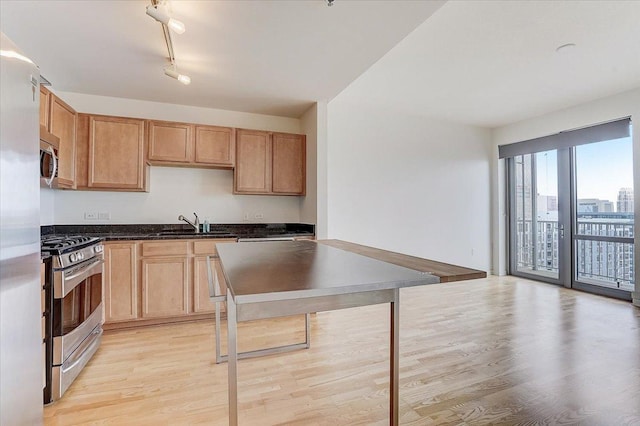 kitchen with sink, stainless steel appliances, track lighting, and light hardwood / wood-style flooring