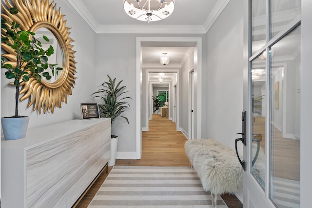 hallway with crown molding and hardwood / wood-style flooring