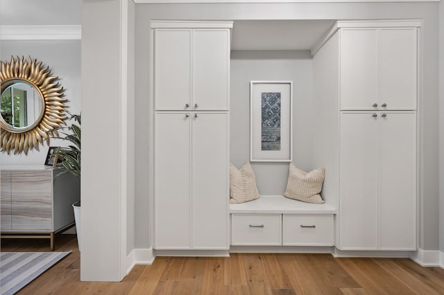 mudroom featuring ornamental molding and light hardwood / wood-style flooring