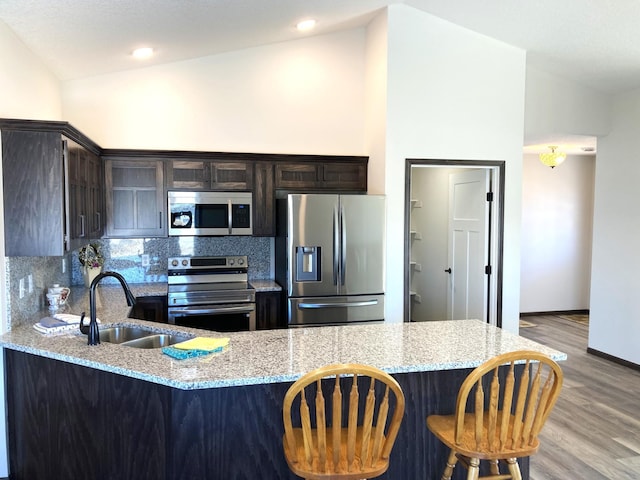 1067 241st Ln NE, East Bethel, MN 55005 - kitchen with stainless steel appliances, a sink, dark brown cabinetry, tasteful backsplash, and vaulted ceiling