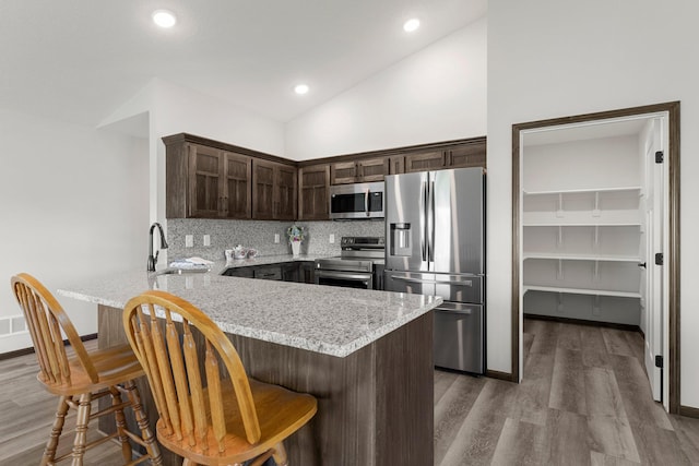 1067 241st Ln NE, East Bethel, MN 55005 - kitchen featuring stainless steel appliances, dark brown cabinetry, backsplash, dark wood-style flooring, and light stone countertops