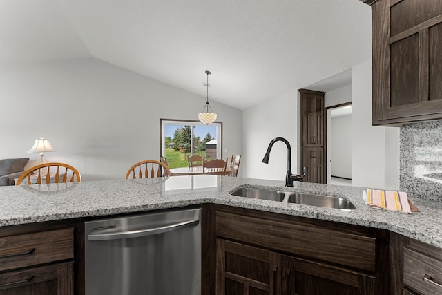 1067 241st Ln NE, East Bethel, MN 55005 - kitchen with dishwasher, dark brown cabinets, lofted ceiling, hanging light fixtures, and light stone counters