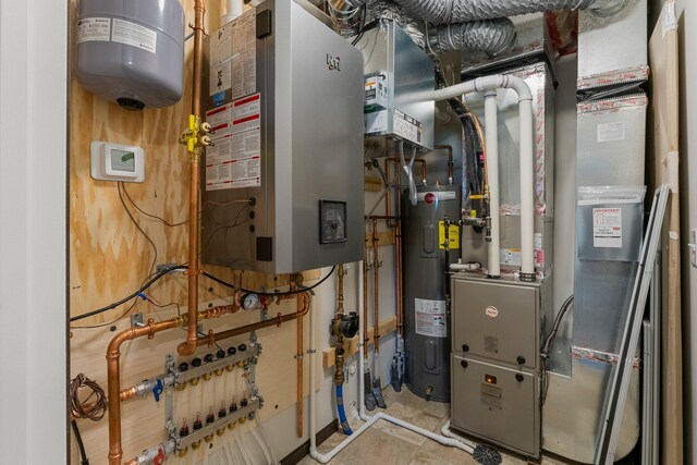 1067 241st Ln NE, East Bethel, MN 55005 - utility room featuring water heater, electric water heater, and heating unit