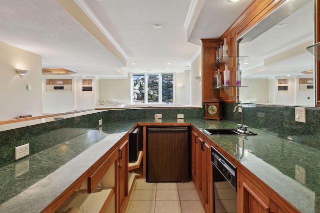 kitchen featuring black dishwasher, decorative backsplash, sink, ornamental molding, and light tile patterned floors