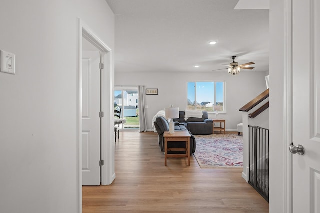 hallway with a wealth of natural light and light hardwood / wood-style floors