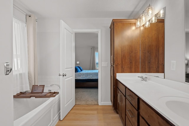 bathroom with vanity, wood-type flooring, and a tub